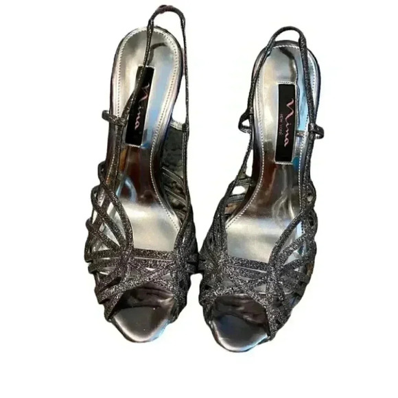 Nina Sliver Black Metallic Sparkling Glitter Party Strappy Platform Heels - Picture 1 of 10